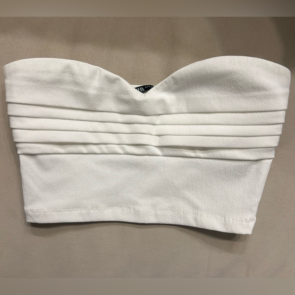 Zara White Strapless Pleated Cropped Bustier